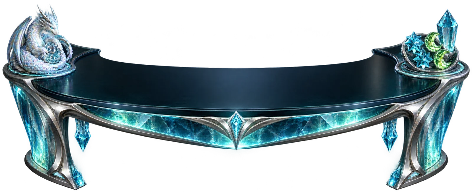 A silver and cyan crystal observatory desk with a small arctic dragon and fictional star and crescent credit tokens