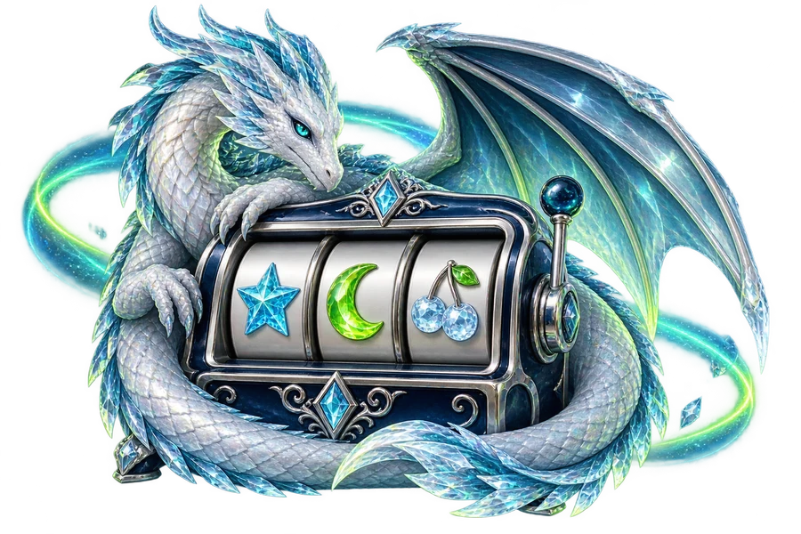 A pearlescent arctic dragon curled around a silver slot console with crystal star, crescent and cherry symbols