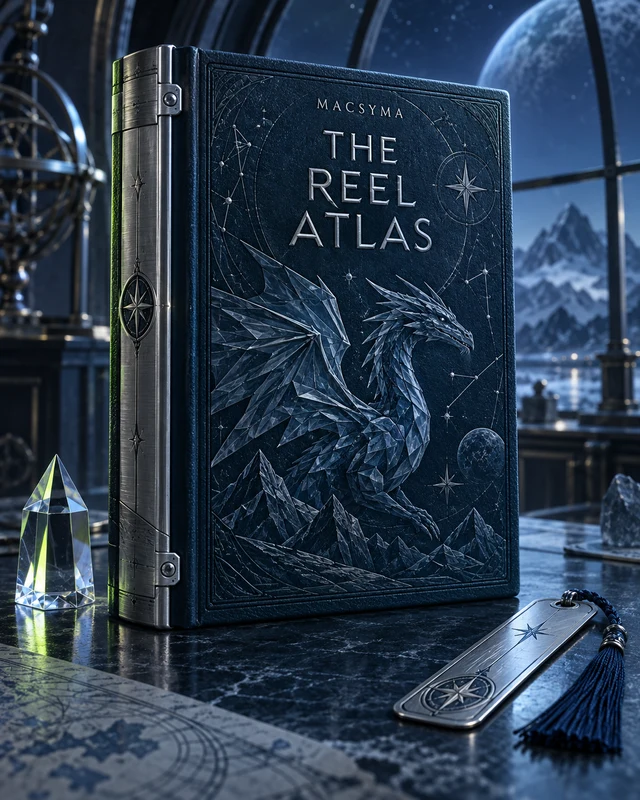 The Reel Atlas, a silver-lettered MACSYMA field guide beside an icy prism