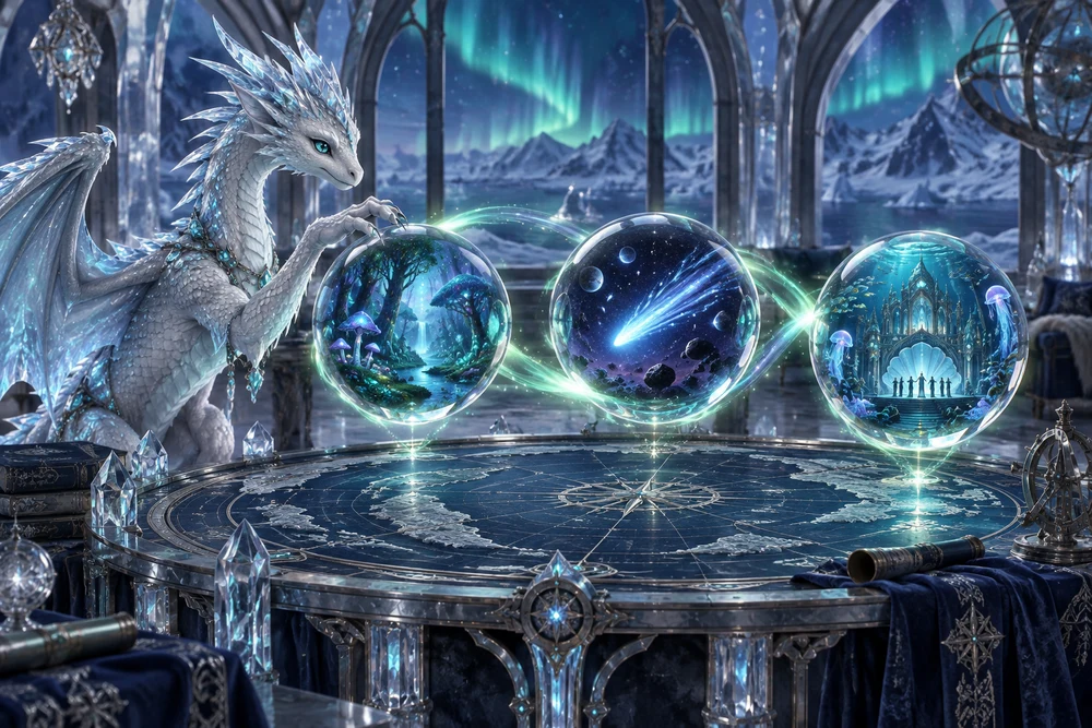 A crystal dragon arranges lenses showing three different game worlds