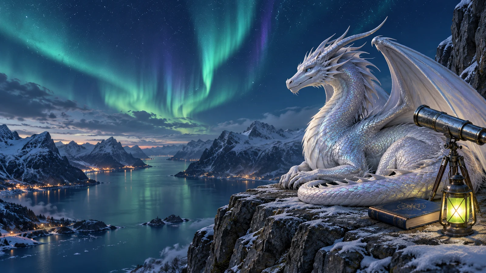 An arctic dragon rests beside a telescope above a quiet northern fjord