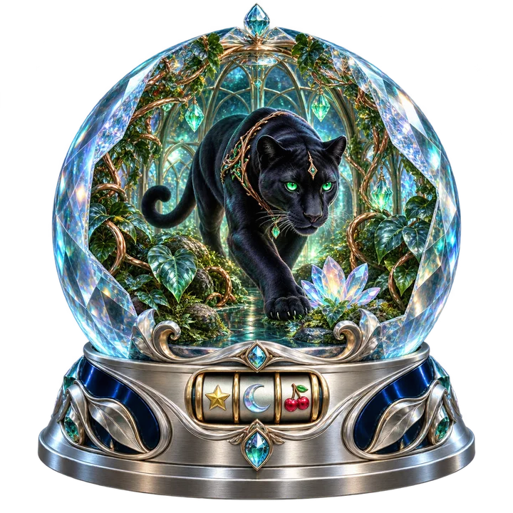 Jade Panther miniature world inside a faceted crystal display with a silver three-reel base